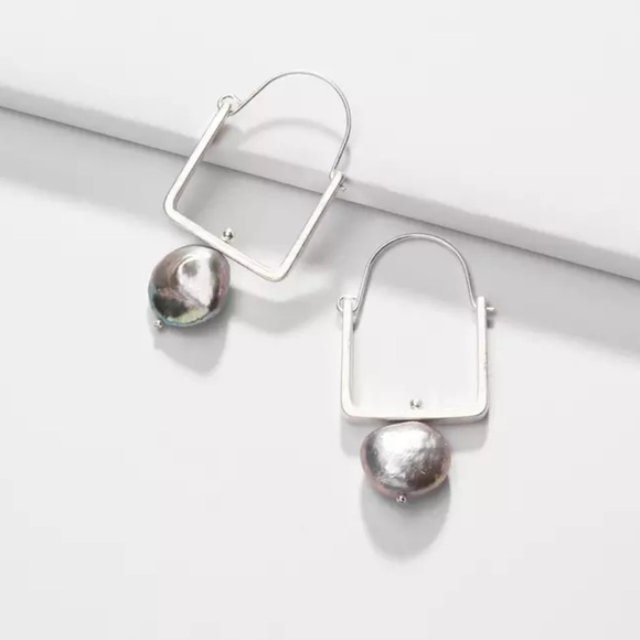 Natural Pearl Silver Square Hoop Earrings